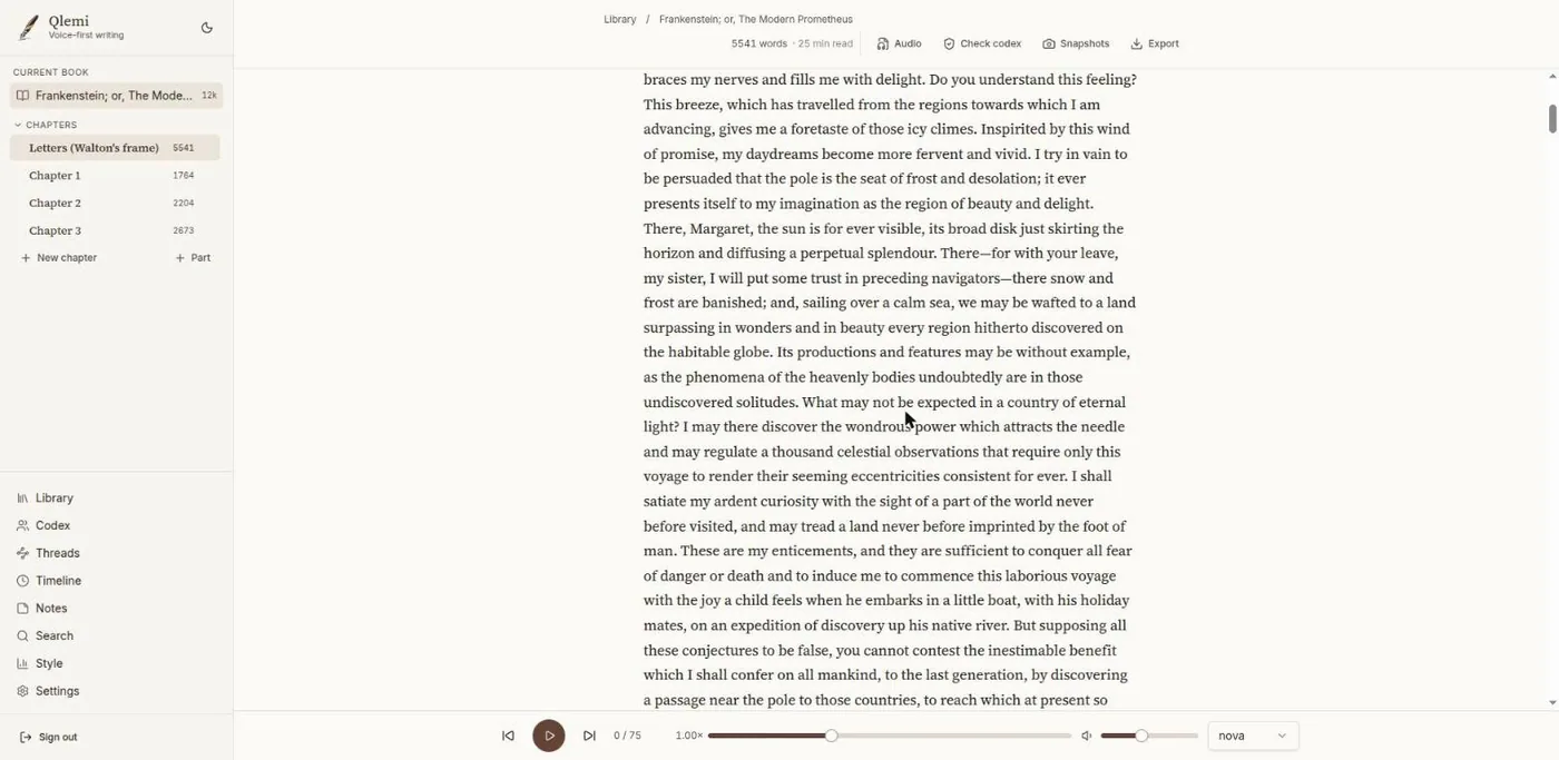 The Qlemi reader showing a chapter of prose, with a playback bar along the bottom and the chapter list in the sidebar.